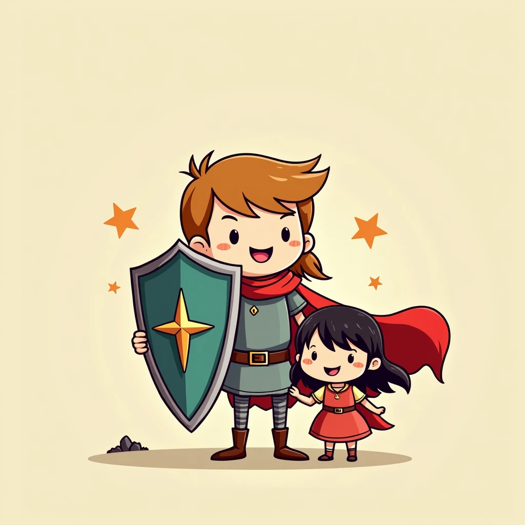 Holding a shield in one hand,Behind the shield are two children,In front of the shield is a charming little woman doll,Simple comic style、Bright colors