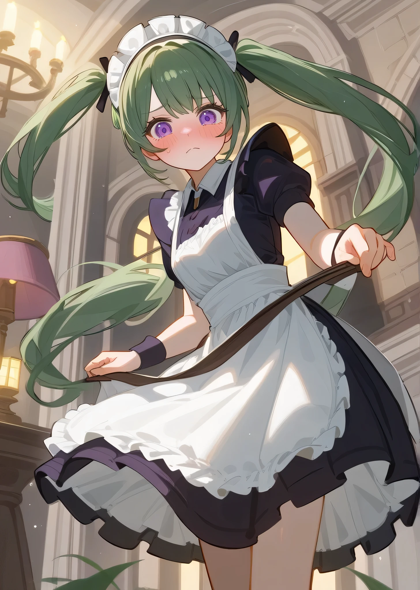 [corin wickes], ((masterpiece)), ((solo portrait)), ((waist up)), ((low angle view)), ((HD)), ((High res)), ((anime)), ((detailed shading)), ((cinematic lighting)), {(attractive figure), (cute purple eyes), (short eyelashes), (long green hair), (large pigtails), (defined legs), (blushing), (nervous frown)}, {(black short sleeve maid dress), (maid hairband), (white apron)}, {(looking at viewer)}, [ambient lighting, living room, mansion, lamp light]