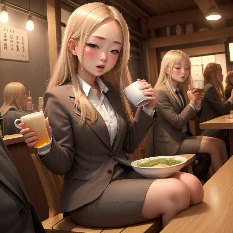 masterpiece,Highest quality,One girl,alone,Beth,,Blonde,Long Hair,close your eyes,Open your mouth,,shout、looks fun,(Drunk,blush),Sitting,drinking,((suit)),,Hold a mug of beer high,Izakaya、Healthy images