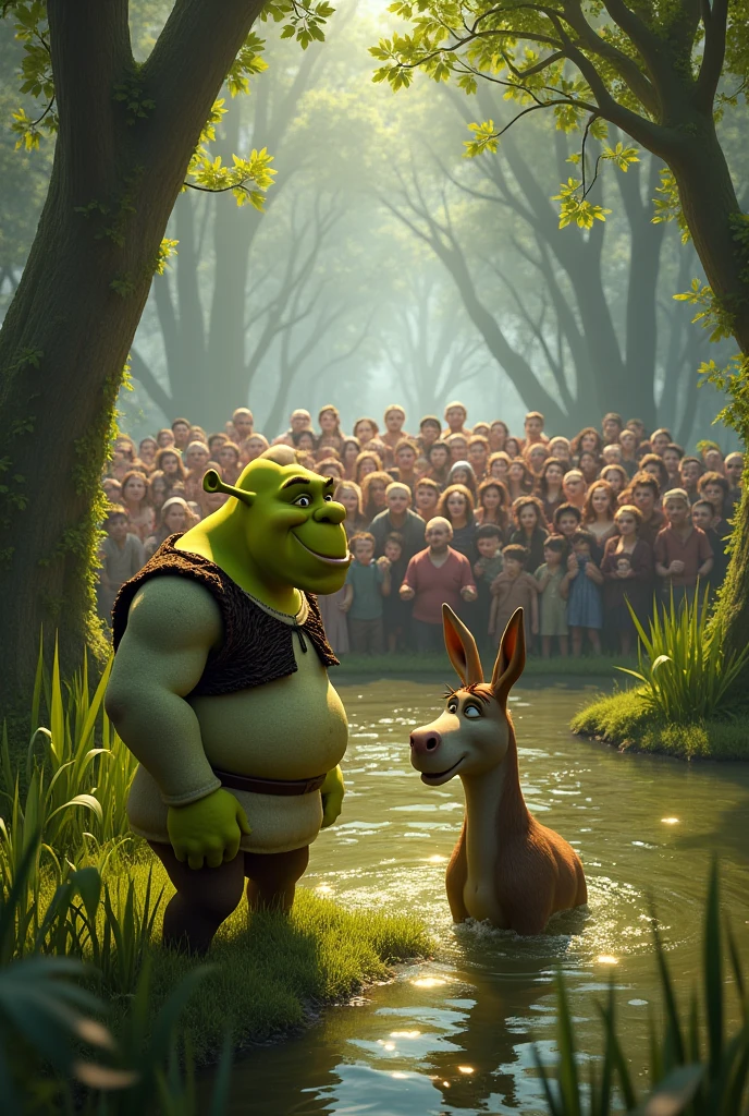 Shrek and Donkey wave to a large family in the swamp