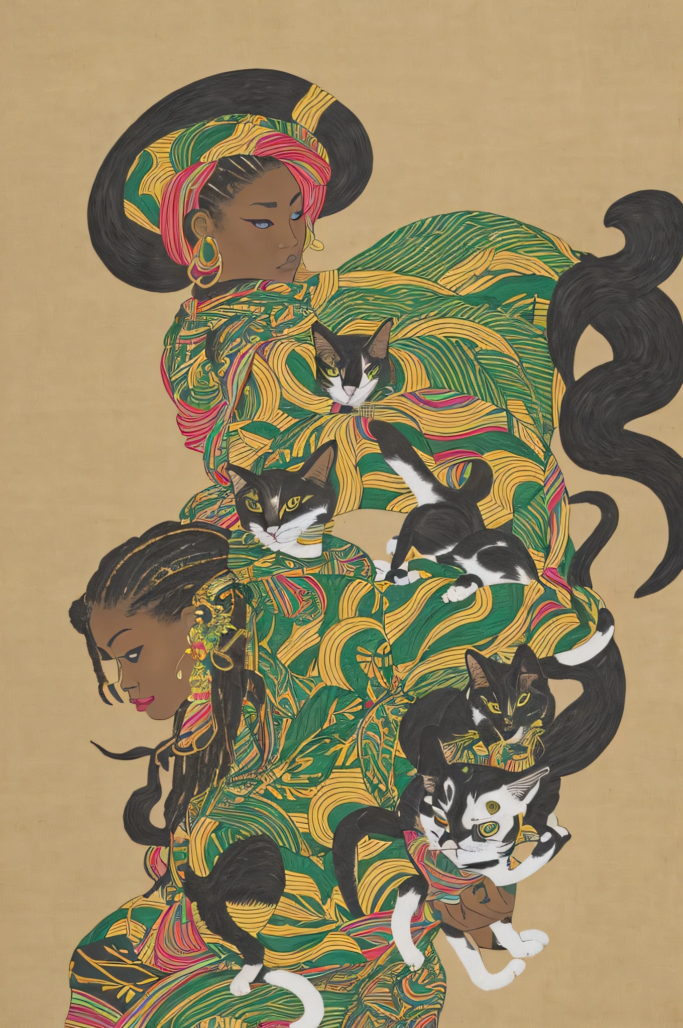 Jamaican woman playing reggae、Cat on shoulder、Masterpiece、Black folding screen background、Japanese painting、High definition、znchn style、Highest quality、超High definition、8k