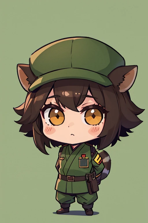 1Man,military uniform,chibi,full body,green background,Brown hair,Raccoon ears,japan,