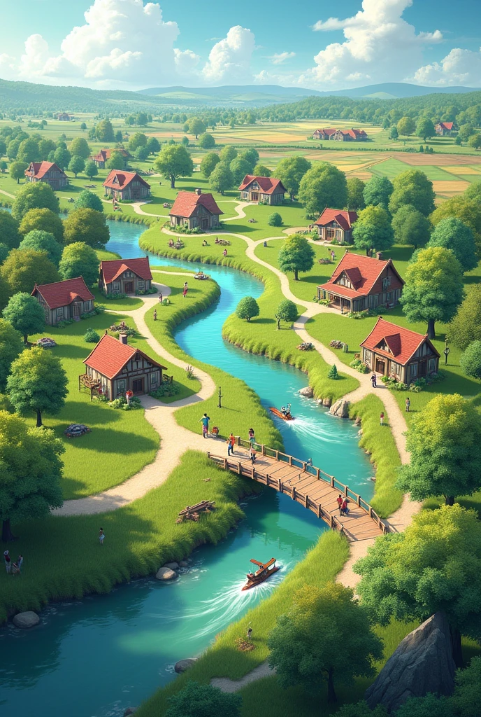 Healthy community, top view, a park, a inclined river,a bridge, and houses, plane place, 3 point perspective, a farm, 
