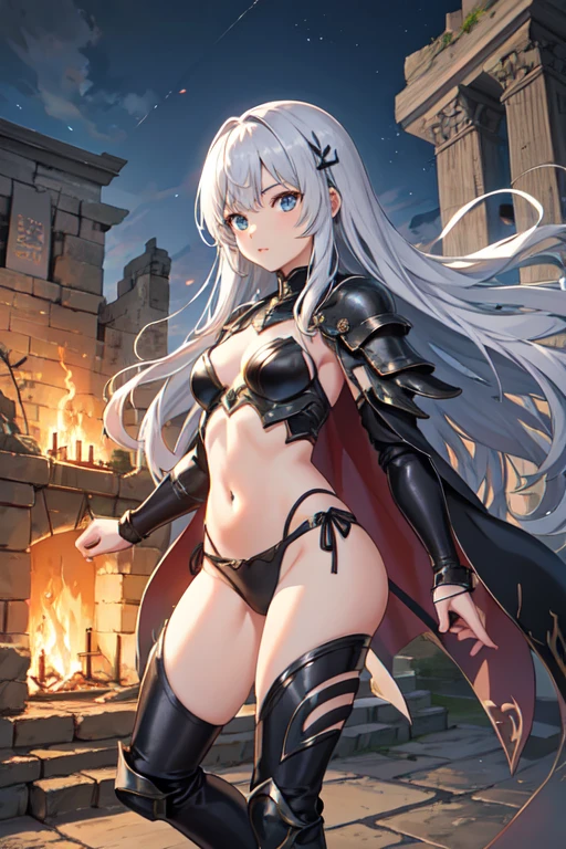 Beautiful girl、、exposed metal armor、belly button、Shabby cape、Longsword in one hand、Thighs、Glowing Skin、Lesbians all over、stand、Ruins in the background、Burning Flames、Fight monsters、Anime cute face、Dear Viewers,、Long silver hair、Metal Boots、片方のThighsに黒いリボンが巻かれている
