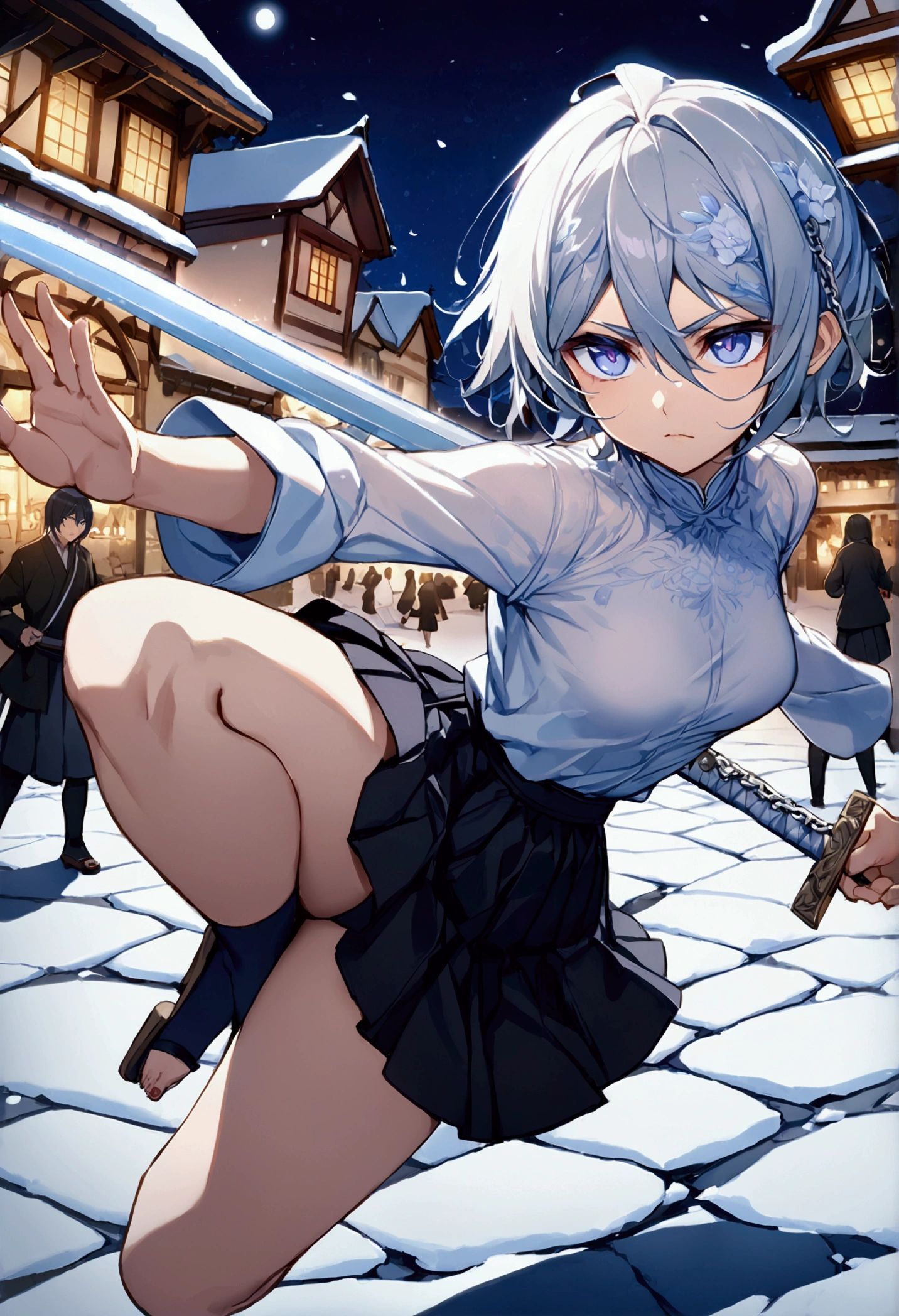 ((Highest quality)),((Very detailed)),(((Has two swords))),((Pale-white shining sword,Two-Way,The swords are connected by a chain)), ((Town square at night,)), ((Blue mesh on hair)),masterpiece, Detailed face,Beautiful Face, Top view, (Fighting), ((ice,snow)),(Long-legged white shirt,Short black skirt,White floral pattern on skirt,White socks,geta)One girl,((Blue Eyes,Dynamic pose,A slightly fluffy shirt)) , Rukia, Gray Hair, short hair, Hair between the eyes, Purple eyes, Small breasts,cold