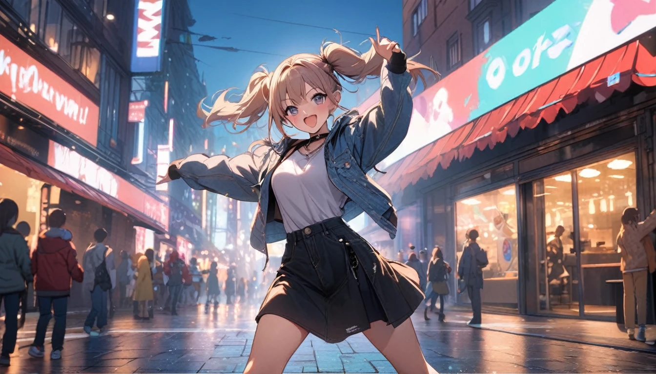 Highest quality,Girl dancing, Twin tails, In the city,Street fashion