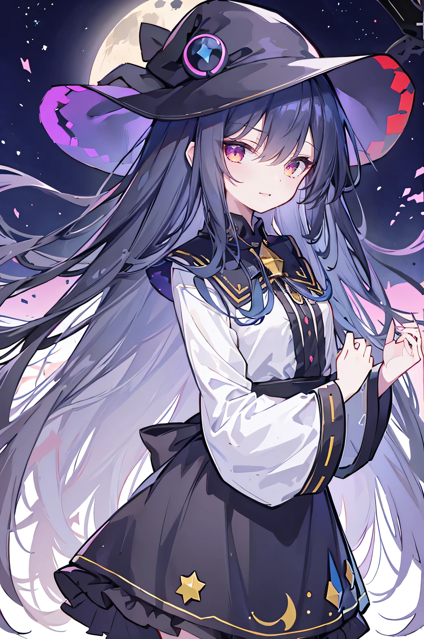 oung Girls,Humanity,A magician always smiles,big witch hat,cute,dark blue long hair,The eyes are dull,The bangs are heavy,Thin eyebrows,fantasy,intake,Double teeth,Star Theme,Constellation pattern,Solid color clothetal decoration,cloak,A bit of a dark atmosphere,A little crazy smile,When the big moon shines outside at night,blood,Hair black star embellishment,Short tie,No nails,High waist skirt,Bell sleeves,Long-sleeved shirt,Black tie,low risk,gentlemen。Mist、Yellow and white effect,Shocking pink as an accent color