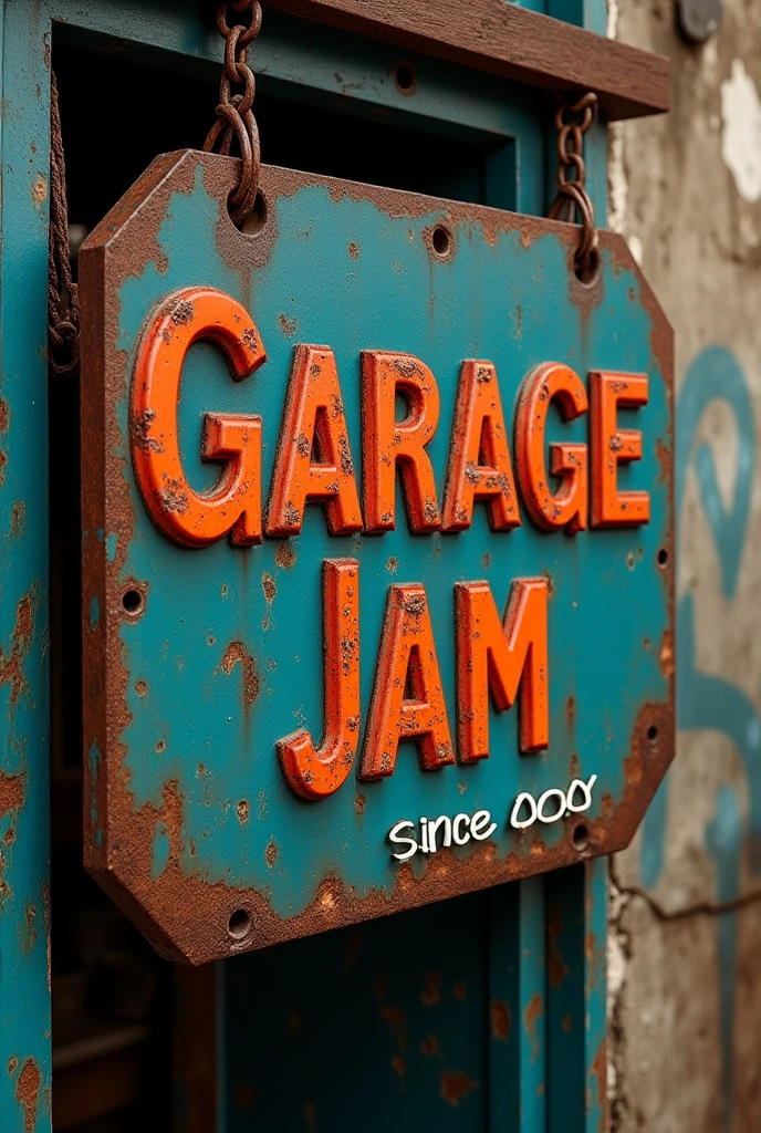 Garage sign vintage. with the title "garage jam". It may have other characteristics more related to blues or rock culture.. "since 0000". Old and rusty aesthetics, more grunge. To serve as a symbolic art.