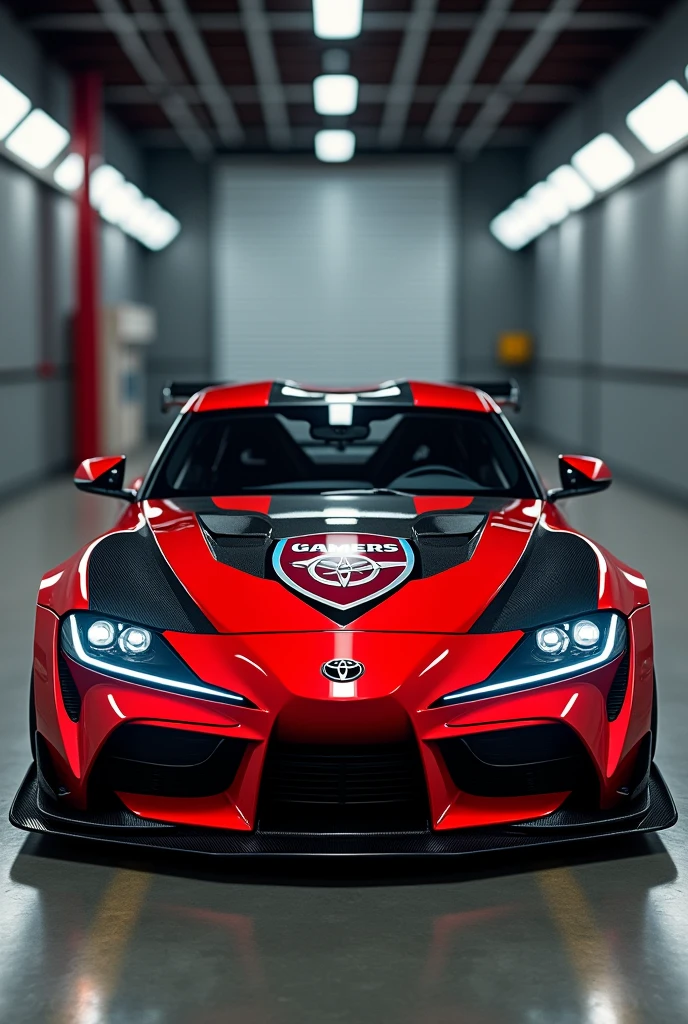 Toyata supra , red and black color , spoiler carbon fiber, 
mention as Gamers Arsenal in the hood , headlights on,full size, parked in the garage , realistic 