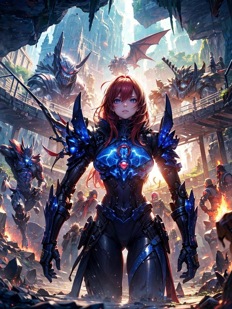 masterpiece,(bestquality),highlydetailed,ultra-detailed,1girl,(beautifulPirates girl:golden,glowingeyes:Blue,Pirates armor and hats:1.2,elongatedears:0.8),(Inside the cave、adventure:1.5,weapon:energyblade),(Treasures such as gold bars:1.5)(fantasylandscape:1.2,natural lighting:1.5,confidentexpression),(panorama:1.2),Mecha Dragon、smile,angle,,chrome,raw(Red Hair:1.5)(On the run from a mechanical monster、Acrobatic moves and angles:1.5)(Four hunters fight a monster:1.5)(versus:1.4)