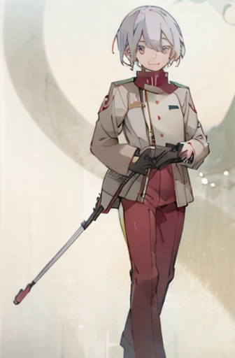 Red pants, white 1800 uniform, white hair, smiling face, red and white sash