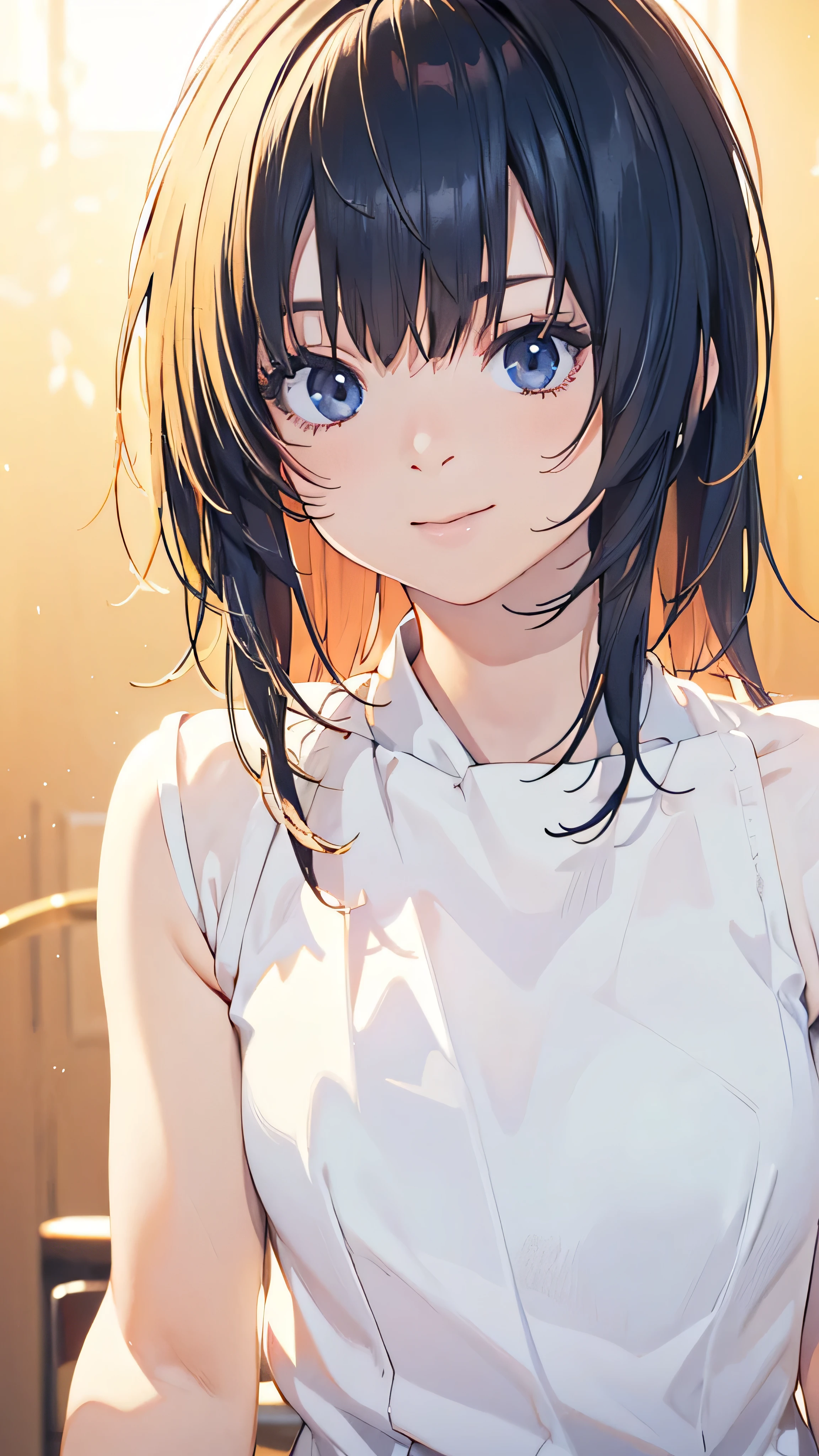 Official Art, wallpaper, Very detailed, (((Very detailedな目と顔))), Realistic portraits, (Highest quality, masterpiece, High resolution), (High resolutionスキン: 1.2), 8K Ultra HD, Backlight, Background Blur, smile, One Woman, Close-up of a woman in a white shirt, Beautiful feminine face, Attractive beautiful face, Beautiful face and perfect skin, Diffused, natural skin glow, Attractive and beautiful, Enveloped in golden light, Gorgeous and attractive face, Soft Golden Hour Lighting, natural beauty expressive pose, Soft golden light, Attractive girl, Beautiful woman face, Golden Background