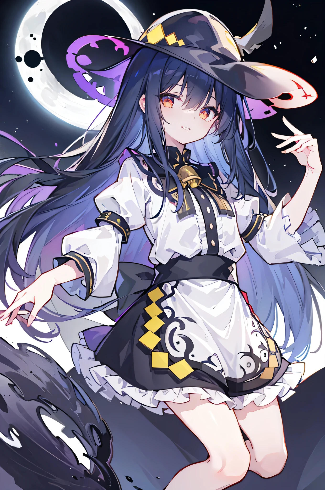 oung Girls,Humanity,A magician always smiles,big witch hat,cute,dark blue long hair,The eyes are dull,The bangs are heavy,Thin eyebrows,fantasy,intake,Double teeth,Star Theme,Constellation pattern,Solid color clothetal decoration,cloak,A bit of a dark atmosphere,A little crazy smile,When the big moon shines outside at night,blood,Hair black star embellishment,Short tie,No nails,High waist skirt,Bell sleeves,Long-sleeved shirt,Black tie,low risk,gentlemen。Mist、Yellow and white effect,Shocking pink as an accent color