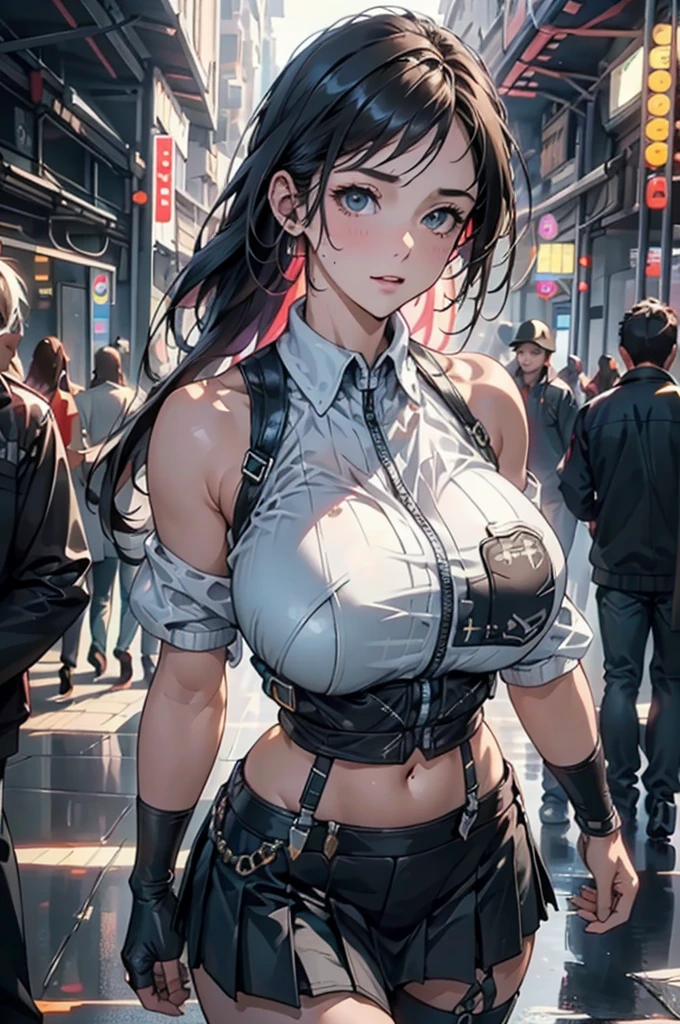 dystopianx style, 1girl, troop, war, apocalypse, pov, pov hands, assisted exposure, pulled by another, lifted by another, undressed another, grabbed, pulled, pulled clothes, pulled bra, pulled shirt, white skin, pov hands holding the stomach, holding both hands up, pulling the shorts lower