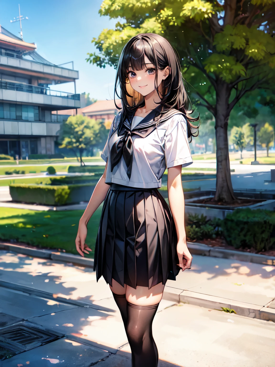 8K, (masterpiece, best quality:1.3), ((bokeh)), (short focus lens:1.4), Anime CG style, Japanese, 1 lady, medium shot, (face light:1.2), cinematic lighting, sharp focus, (Left to Right Balance), beautiful eyes, (Perfect Hands,Perfect Fingers,Perfect Limbs,Perfect Body,Correct Human Body,Perfect Image Realism,Perfect Anatomy),
(shiny skin, detailed skin),
(black hair:1.2), long straight black hair:1.3, gray eyes,
Japanese schoolgirl sailor-style uniform, pleated skirt, knee-high socks, random porn pose, standing,
(small breast), beautiful body, model body type, teacher, serious and vigilant,
(lovely smile),
(beautiful scenery), Expansive university campus, massive auditorium building, wide front plaza, students walking, lush green lawns, trees, academic atmosphere, architectural photography, wide-angle shot, detailed exterior, sunny day, , very wide, panorama view, sense of depth, magnificent view,