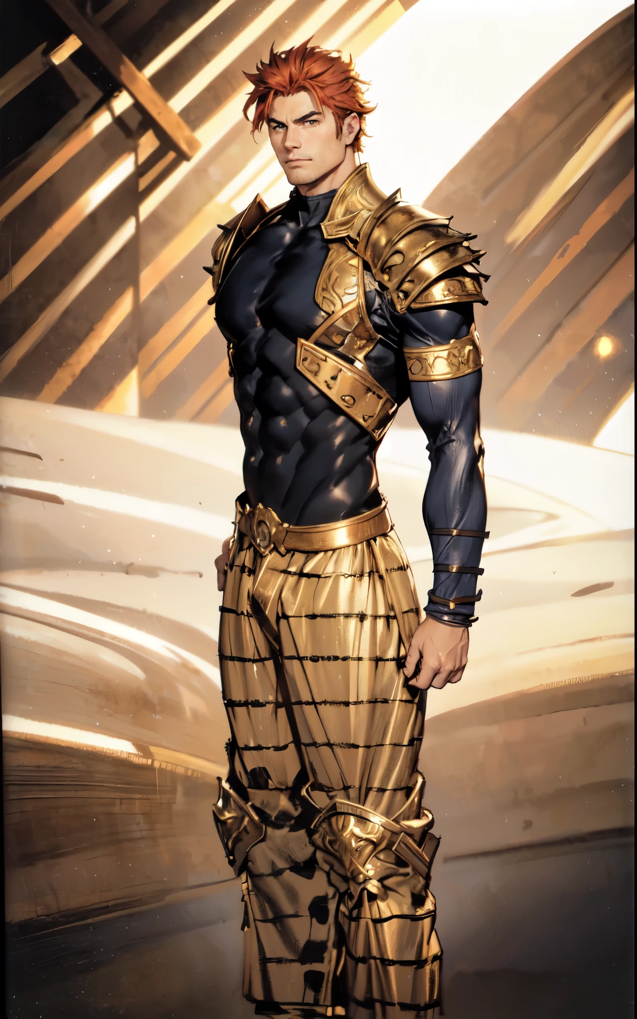 (masterpiece:1.2, best quality:1.2, extremely delicate:1.2), ((male:1.5)), a man with spiky short orange-red hair, side-parted bangs, a calm gaze, a faint smile, a mature and handsome face, dark skin, a tall and muscular build, a bare upper body, several strips of leather armor wrapped around his left shoulder and chest, wrist guards, loose beige cargo pants, standing in a massive circular arena, this character embodies a finely crafted fantasy-realist style gladiator in anime style, exquisite and mature manga art style, dramatic, high definition, highres, ultra-detailed, ultra-fine painting, professional, perfect body proportions, golden ratio, anatomically correct, symmetrical face, extremely detailed eyes and face, high quality eyes, creativity, RAW photo, UHD, 32k, Natural light, cinematic lighting, (masterpiece-anatomy-perfect:1.2)