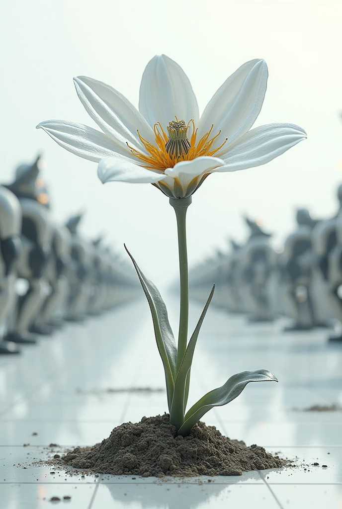 generate an image for me of a slightly robotic flower reborn from the dirt floor and in the background it looks like a type of robot army and the ground looks white like a type of futuristic color