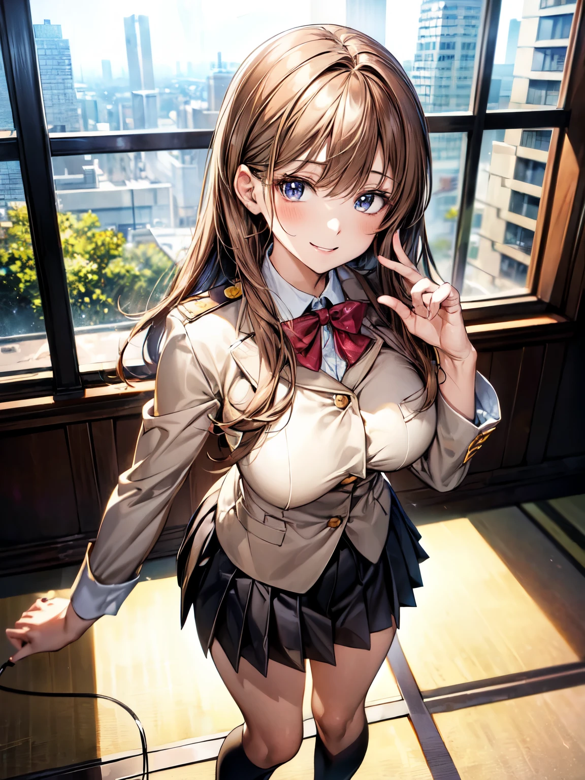 8K, (masterpiece, best quality:1.3), ((bokeh)), (short focus lens:1.4), Anime CG style, Japanese, 1 lady, medium shot, (face light:1.2), cinematic lighting, sharp focus, (Left to Right Balance), beautiful eyes, (Perfect Hands,Perfect Fingers,Perfect Limbs,Perfect Body,Correct Human Body,Perfect Image Realism,Perfect Anatomy),
(shiny skin, detailed skin),
(light brown hair:1.3), medium hair, straight hair, light brown eyes:1.2,
Japanese schoolgirl navy blue blazer uniform, pleated skirt, knee-high socks, random porn pose, standing,
milf, busty, sexy body, slightly chubby, (lovely smile), nurse, friendly and approachable,
(beautiful scenery), (modern hospital during daytime, spacious lobby, glass and steel architecture, large windows with natural light, clean and sleek design, people walking, medical staff in uniforms, high-tech equipment), very wide, panorama view, sense of depth, magnificent view,