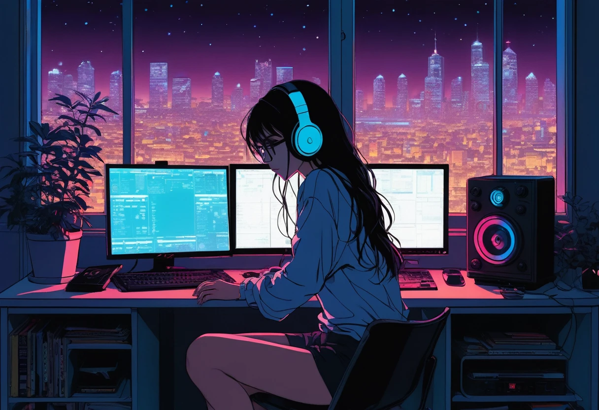 XXMix,Silhouette of frightened woman hiding in a 1980's radio station, neon light, in the style of coloring book comic, full body, raw hand drawn style, (from behind), Anime girl sitting in front of a computer in a cozy bedroom, Girl listening to music while studying in a cozy room (night), round glasses, Using headphones, on the roof, (beautiful night views from windows), lots of things, 2D anime style, The aesthetics of anime in the 90s, lo-fi, long hair, very detailed, hard disk, A mix of anime style and Fujifilm, surreal, 8k, masterpiece, violet eyes,black gloves, round glasses, long sleeves,violet hair, Flat Chest, smile, pantyhose