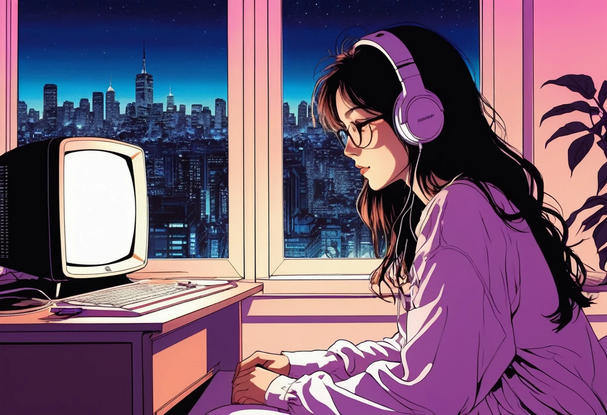 XXMix,Silhouette of frightened woman hiding in a 1980's radio station, neon light, in the style of coloring book comic, full body, raw hand drawn style, (from behind), Anime girl sitting in front of a computer in a cozy bedroom, Girl listening to music while studying in a cozy room (night), round glasses, Using headphones, on the roof, (beautiful night views from windows), lots of things, 2D anime style, The aesthetics of anime in the 90s, lo-fi, long hair, very detailed, hard disk, A mix of anime style and Fujifilm, surreal, 8k, masterpiece, violet eyes,black gloves, round glasses, long sleeves,violet hair, Flat Chest, smile, pantyhose