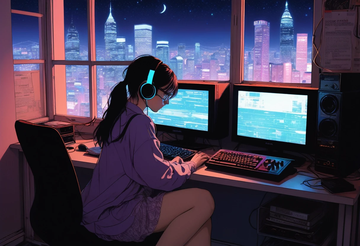 XXMix,Silhouette of frightened woman hiding in a 1980's radio station, neon light, in the style of coloring book comic, full body, raw hand drawn style, (from behind), Anime girl sitting in front of a computer in a cozy bedroom, Girl listening to music while studying in a cozy room (night), round glasses, Using headphones, on the roof, (beautiful night views from windows), lots of things, 2D anime style, The aesthetics of anime in the 90s, lo-fi, long hair, very detailed, hard disk, A mix of anime style and Fujifilm, surreal, 8k, masterpiece, violet eyes,black gloves, round glasses, long sleeves,violet hair, Flat Chest, smile, pantyhose