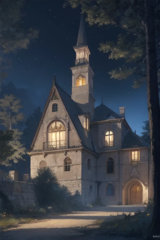 Medieval Europe,One Mansion,made of stone,in the forest,night,Creepy