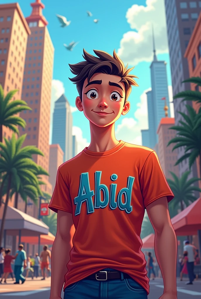 15th august pic . A handsome boy 17 years old .which tshirt write Abid. in advance fonts . City background 
