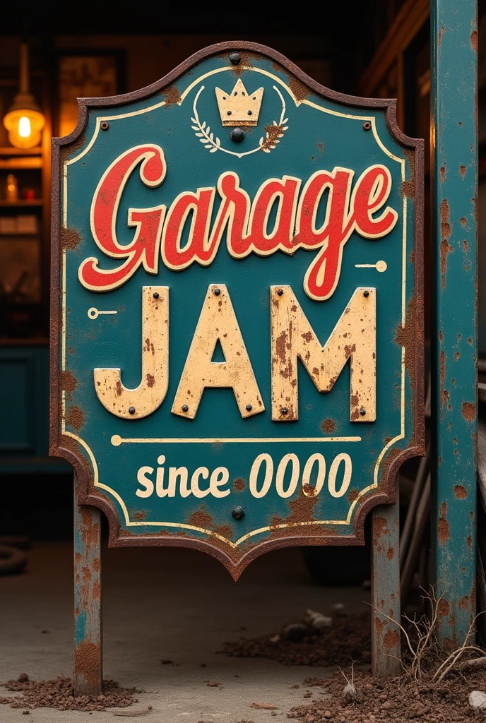Garage sign vintage. with the title "garage jam". It may have other characteristics more related to blues or rock culture.. "since 0000". Old and rusty aesthetics, grunge. To serve as a symbolic art.