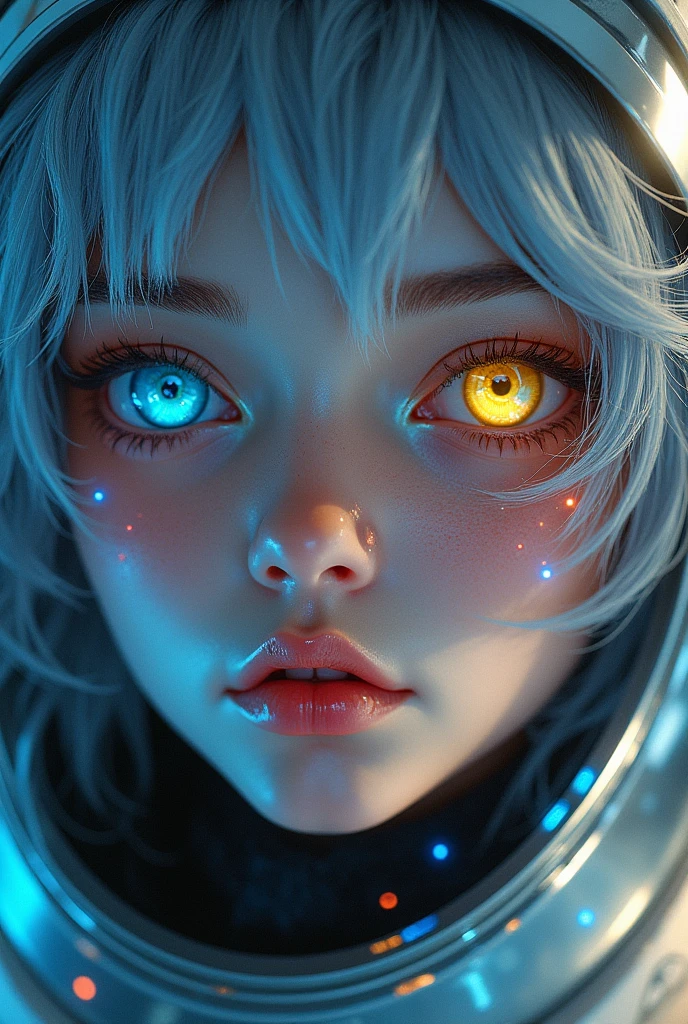 (Close-up of a better masterpiece:1.5)0.9], (Space and astronauts:1.2) (Messy silver hair:1.1) (Heterochromia xanthochromia and blue eyes:1.2) (Space Helmet:1.0) (Colored stars in the eyes:1.0) (A radiant glow:1.1) (thick lips:0.9)