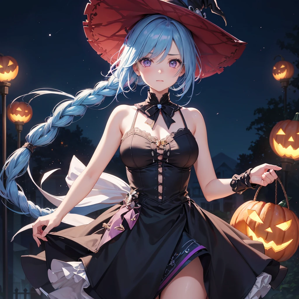 (Sky Blue Hair),(Braided medium hair), (Pink Eyes),Fair skin) ,(whole body),(One Girl),(Crescent Moon),(There are many pumpkin ghosts in the background),(If you don't give me sweets, I'll be mischievous.),Halloween Night Party),(masterpiece, Highest quality, Very detailed, Best Shadow), (Detailed Background), (Beautifully detailed face), High Contrast, (Best lighting, Very delicate and beautiful), ((Cinematic Light)), Hyper Detail,8k, Dramatic Light, Intricate details,Witch's Clothes,Magic broom,night,Bats flying in the background,