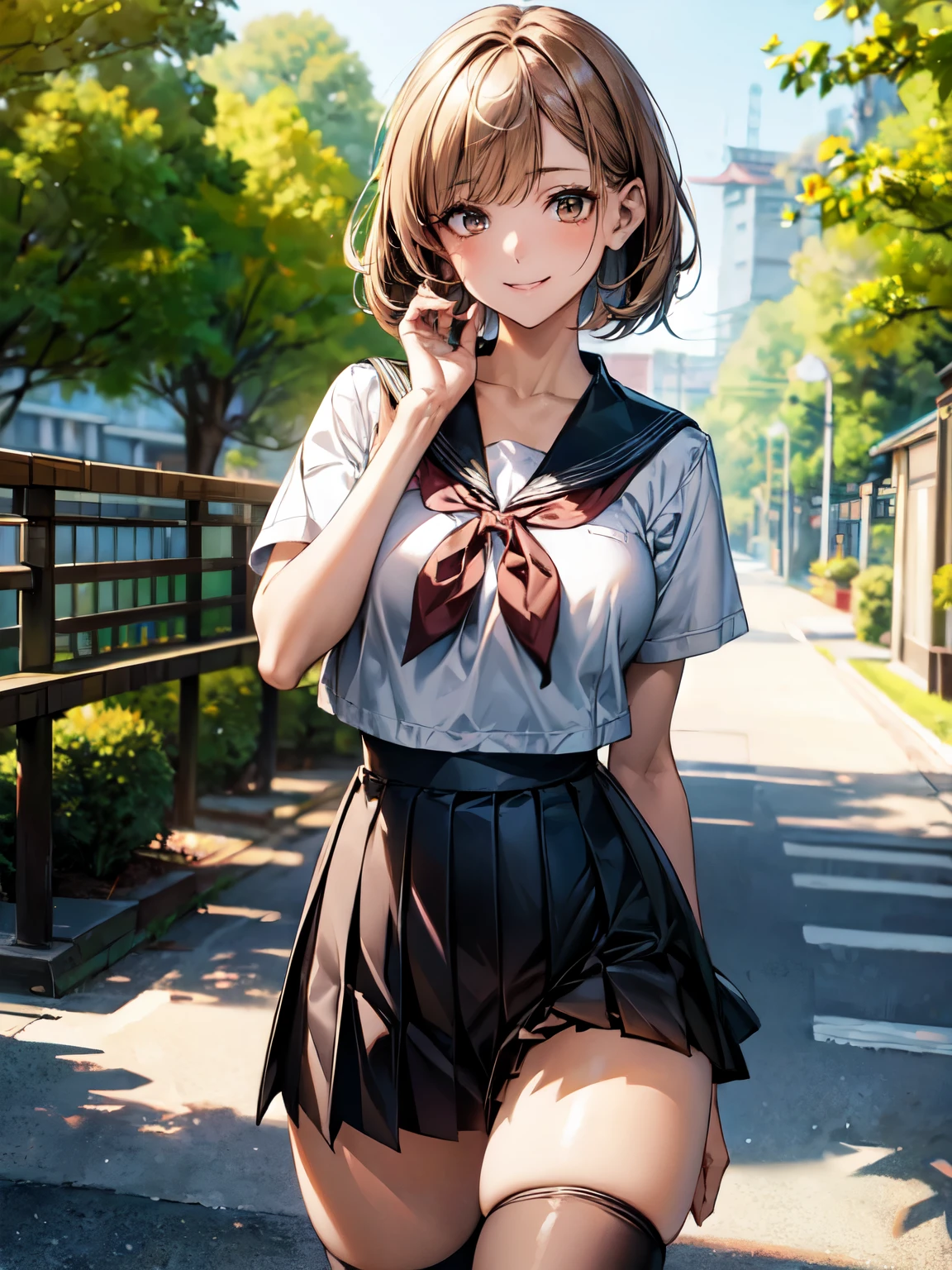 8K, (masterpiece, best quality:1.3), ((bokeh)), (short focus lens:1.4), Anime CG style, Japanese, 1 lady, medium shot, (face light:1.2), cinematic lighting, sharp focus, (Left to Right Balance), beautiful eyes, (Perfect Hands,Perfect Fingers,Perfect Limbs,Perfect Body,Correct Human Body,Perfect Image Realism,Perfect Anatomy),
(shiny skin, detailed skin),
light brown hair, short hair, bob cut hairstyle: 1.3, light brown eyes,
Japanese schoolgirl sailor-style uniform, pleated skirt, knee-high socks, random porn pose, standing,
milf, big hips, attractive thighs, (smile), fitness trainer, focused and professional,
(beautiful scenery), daytime, (a park with a running track, green trees, paved pathway, benches along the path, very wide), panorama view, sense of depth, long shot, magnificent view,