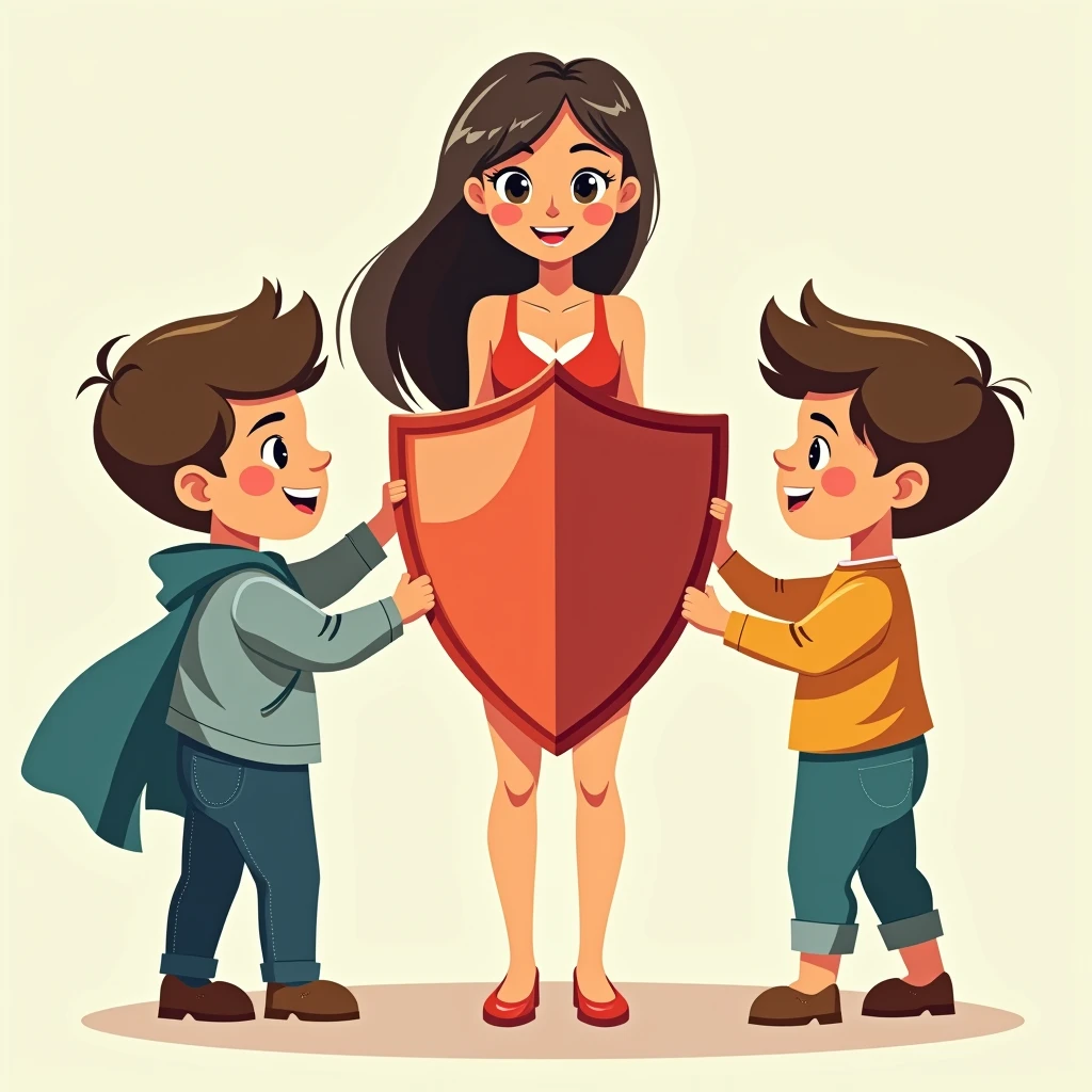 Two little kids boys holding a shield together,Shield against mature sexy woman doll,Simple comic style、Bright colors,