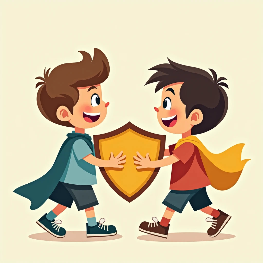 Two little kids boys holding a shield together，Shield against mature sexy woman doll，Simple comic style、Bright colors，
