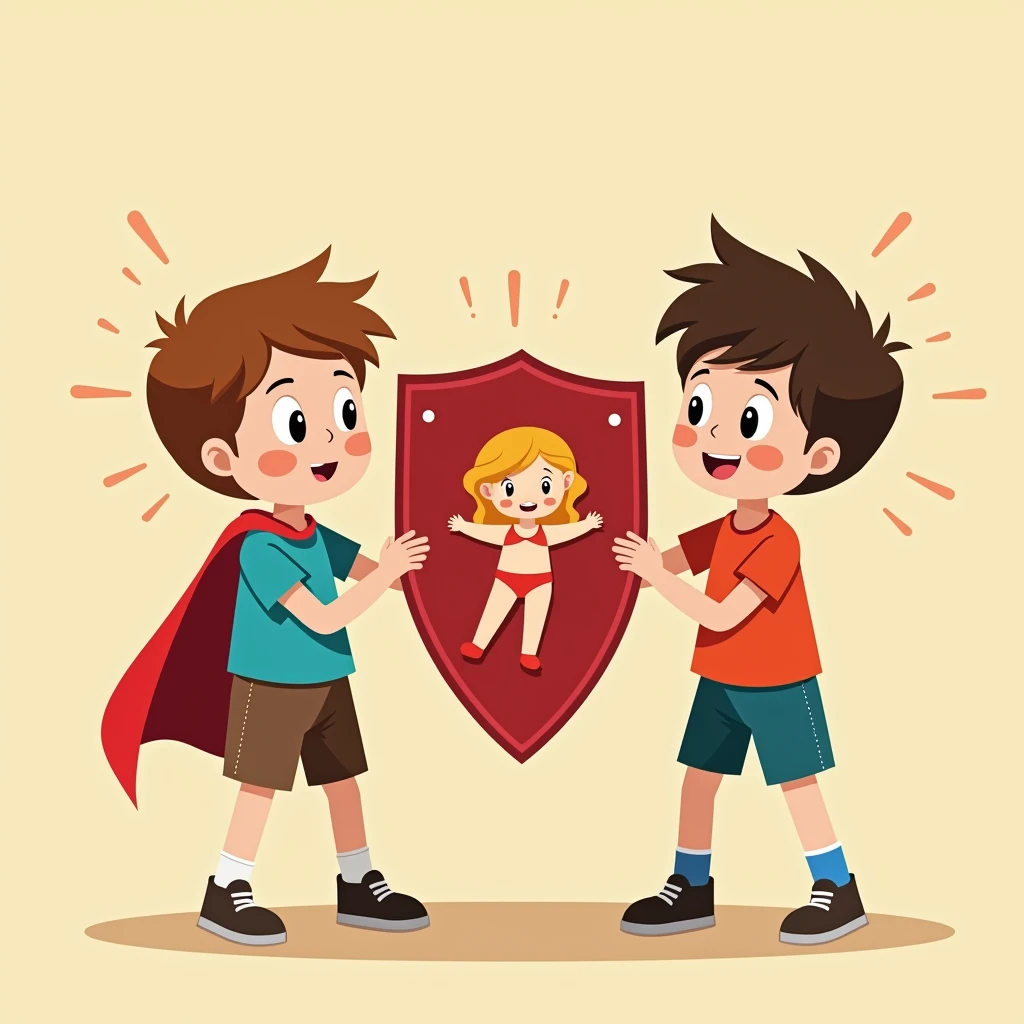 Two boys holding a shield together,Shield against mature sexy woman doll,Simple comic style、Bright colors,