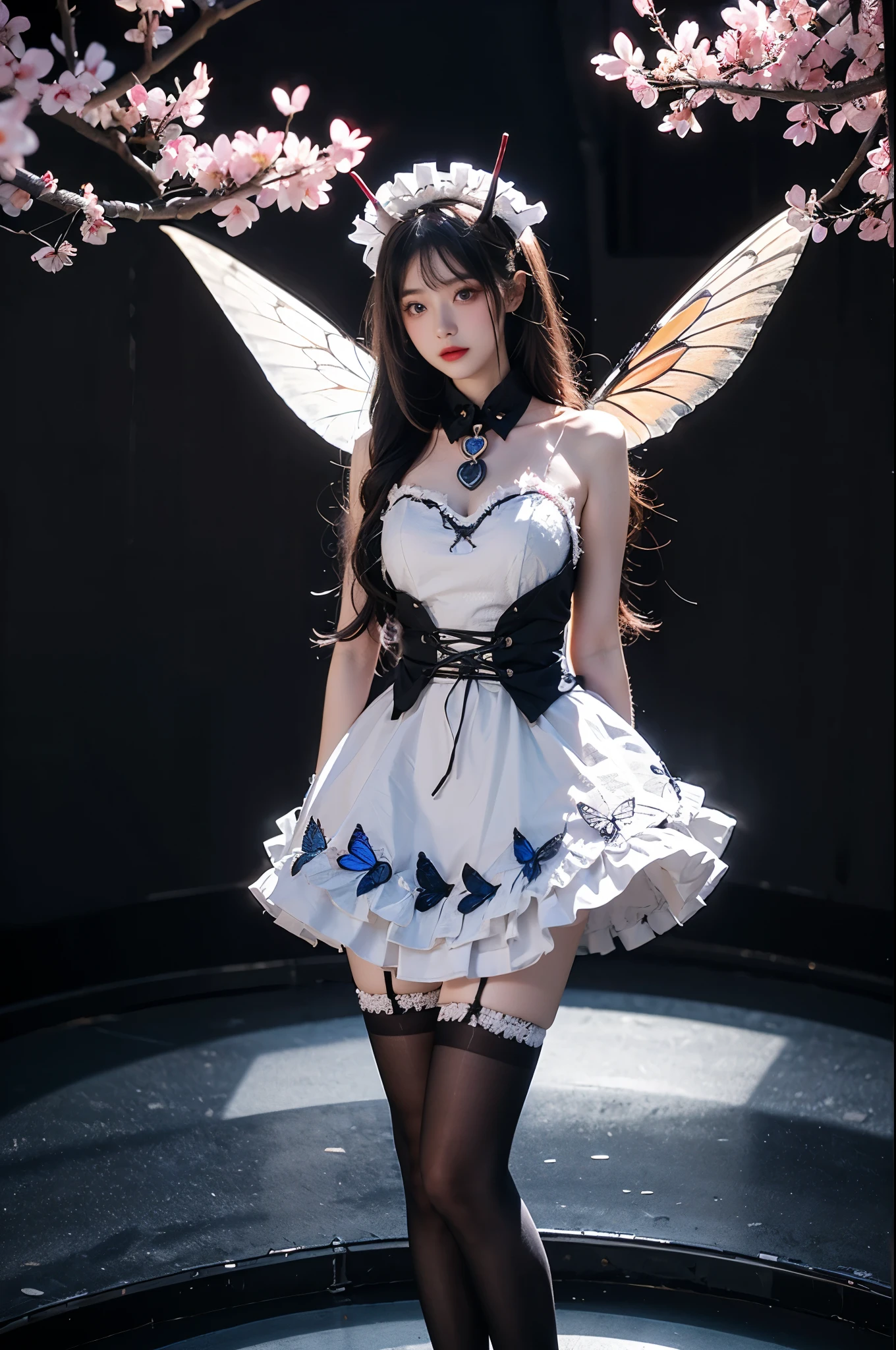 noshiro cosplay costume cosplay maid apron horns black thighhighs graceful dance movements , Long legs , Calf((Flowing long hair))Official Art , Unity8k Wallpaper , Extremely detailed , Visible cleavage, Pretty and beautiful , Sexy long legs, masterpiece , best quality ,Practical, Very detailed illustrations ,Extremely detailed , Intricate details , Extremely complex and detailed , Very detailed 8KCG wallpaper , Caustics .reflection , Ray Tracing , Devil Theme ,nebula ,Dark aura, Network Effects , (1 Girl)Solitary , 小蓝Butterfly , Dozens of monarch butterflies around , (Blue plasma flame , (insect , Butterfly)) 圣光Butterfly天使 , Butterfly翅膀 , Pastel tones in Rococo style ,Light white and light dark red , Incredibly beautiful , Cherry blossoms , Surrealism ,painting , Ethereal , Mixing reality and fantasy elements ,Ray Tracing , Complex patterns , Delicate lines , Perfect your hands, Starry Sky , rich and colorful , Star