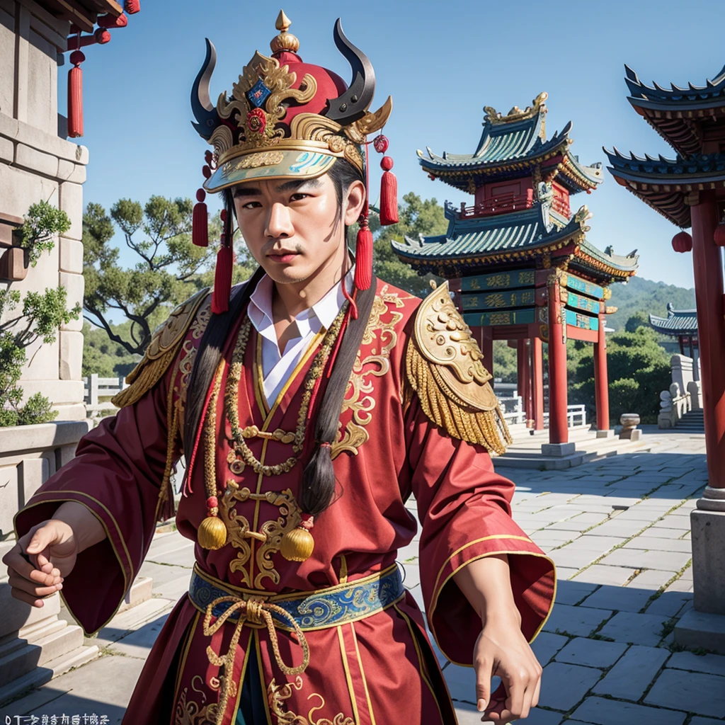 ((1man)),(a chinese man),nice hands,perfect hands,upper body,
twgod,Taiwanese hell police,pauldrons,helmet,holding timtoken,timtoken,outdoors,temple,chinese style architecture,
(8k, RAW photo, best quality, masterpiece:1.2),(realistic, photo-realistic:1.37),(exquisitely detailed),ultra_color,high quality,ultra detailed,(Real picture),(realistic skin),(intricate details),