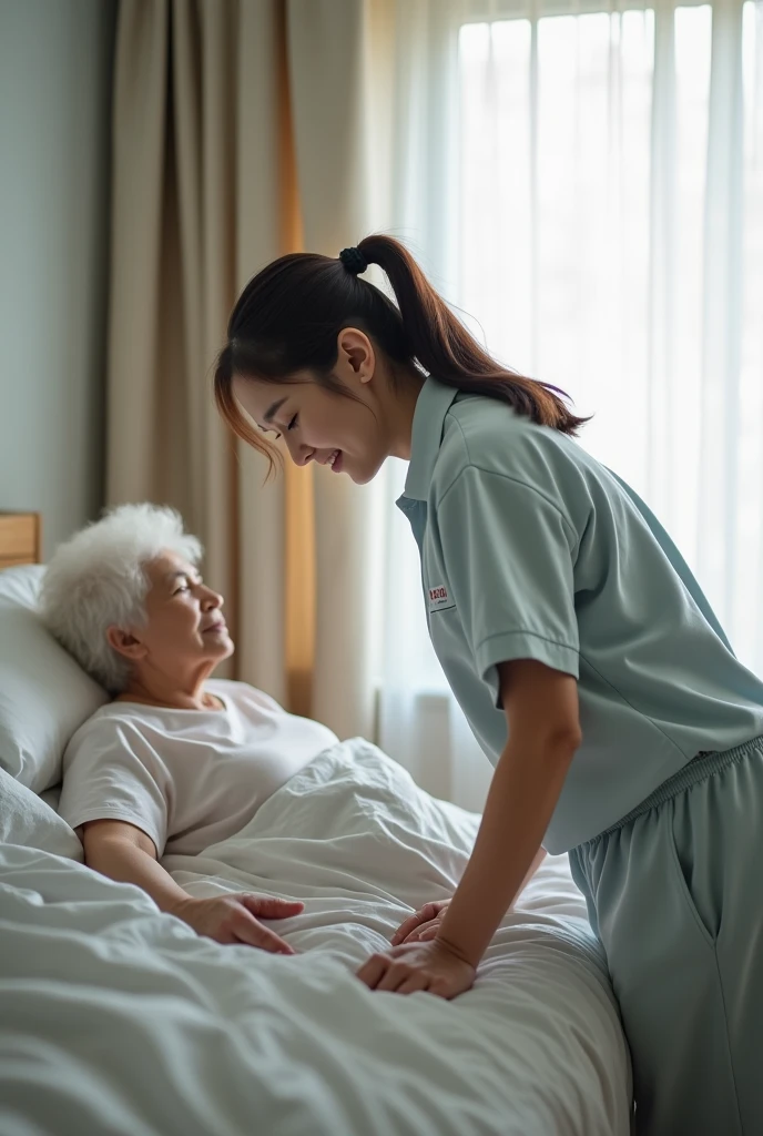 Create a scene of a 20-year-old woman caring for a 60-year-old woman who is lying in bed. The 20-year-old woman is standing beside the bed, bending deeply at the waist with her hips pushed back, and her hand resting on the bed. The woman is engaged in conversation, leaning her face close to the elderly woman's. She is dressed in a polo shirt and athletic pants, with an appearance reminiscent of a Korean pop group singer. The image is captured from behind the younger woman, showing her back while she faces slightly toward the viewer.