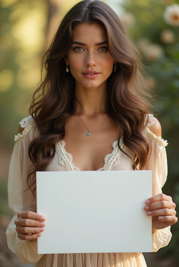 Beautiful girl with wavy long hair, bohemian dress, holding a white board with text "I Love Saurabh and want to have hard sex" and showing it to the viewer