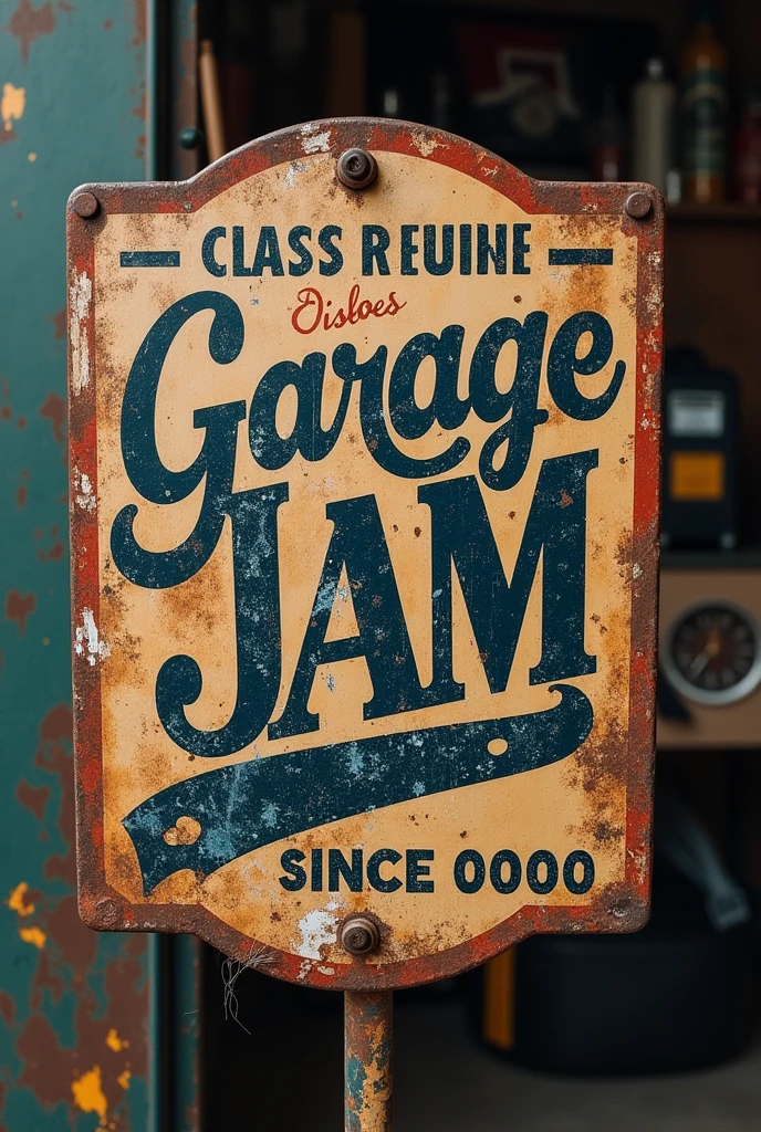 Garage sign vintage. with the title "garage jam". It may have other characteristics more related to blues or rock culture.. "since 0000". Old and rusty aesthetics, grunge. To serve as a symbolic art.