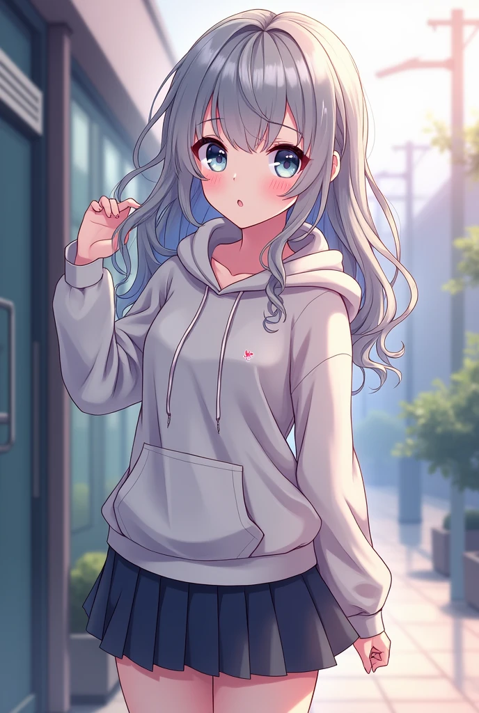 Miniskirt hoodie Gray Hair beautiful Anime-style illustrations