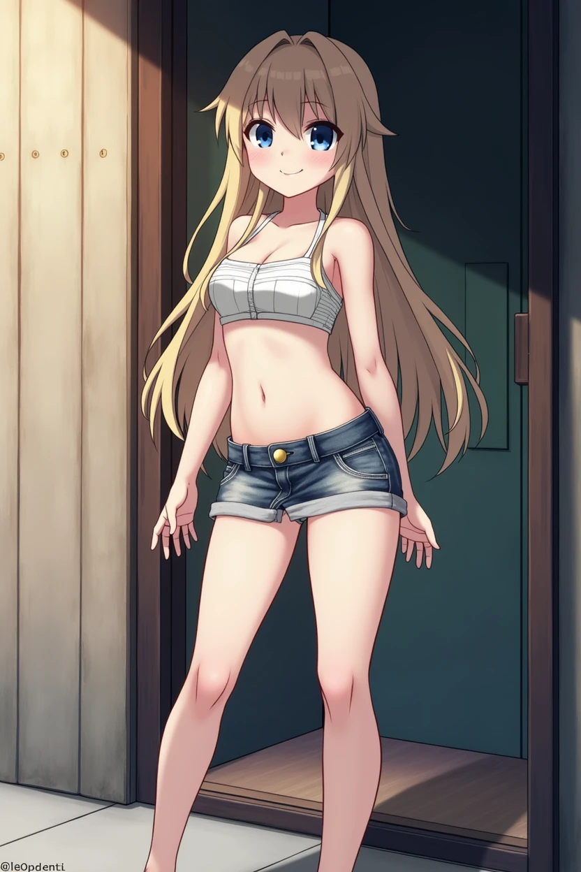 (girl)，young，（masterpiece，Highest quality），((stomach))，Big Eyes，Blue eyes，Completely naked，belly button，(Short tube top)，Sleeveless，Very short denim mini skirt，(Micro length)(Denim mini skirt)(opened fastener)，Spread your legs，The skirt is blown up by the wind，Strong winds，No underwear，Panty shot,(barefoot)，(Raw wrists)，blondes，(Long hair)，(underboob)，Big Breasts，(Cleavage)，Big cities of the near future，Standing posture，(Tight skirt)，(Bright smile)