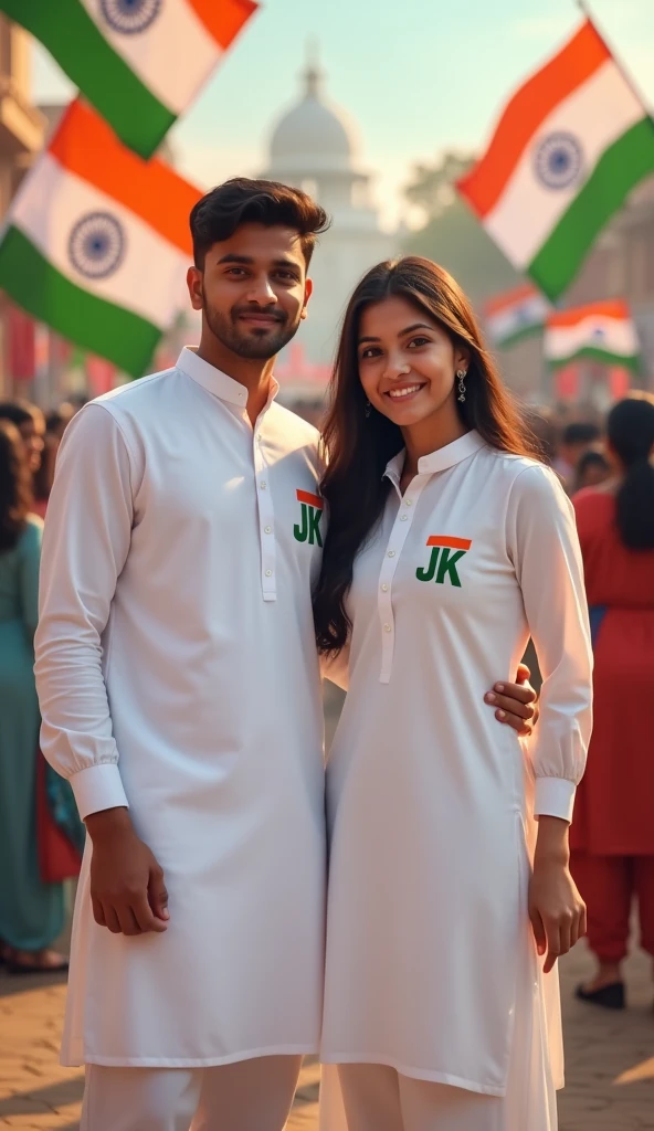 A real 18 year old Indian girl and boy named Cutee, standing proudly in front of the Indian flag, girl and boy wearing a white kurta with ‘ JK ’ written on it. and the background features a festive atmosphere with tricolor decorations and other people celebrating Independence Day