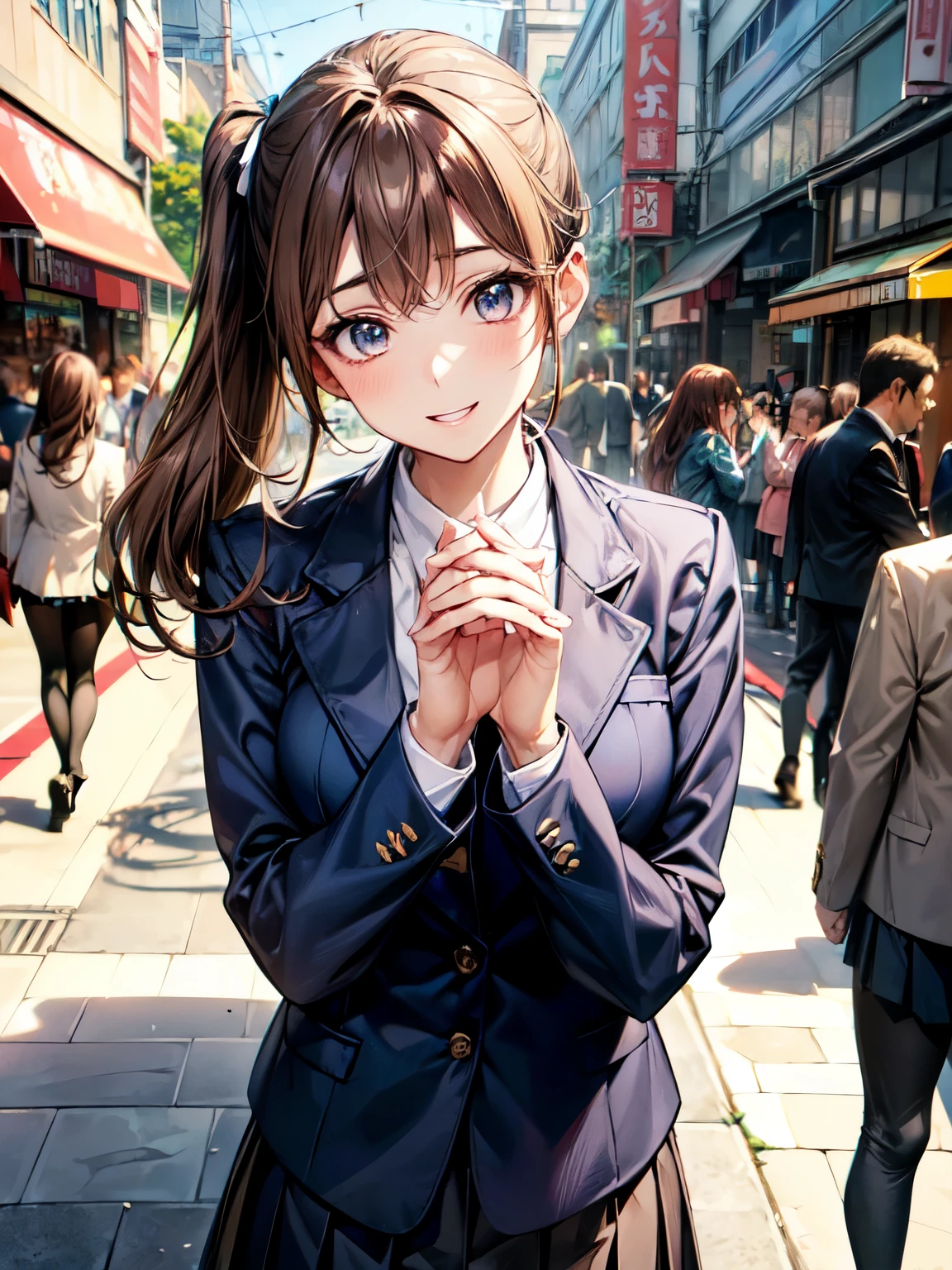 8K, (masterpiece, best quality:1.3), ((bokeh)), (short focus lens:1.4), Anime CG style, Japanese, 1 lady, medium shot, (face light:1.2), cinematic lighting, sharp focus, (Left to Right Balance), beautiful eyes, (Perfect Hands,Perfect Fingers,Perfect Limbs,Perfect Body,Correct Human Body,Perfect Image Realism,Perfect Anatomy),
(shiny skin, detailed skin),
(Light ash brown hair:1.3), side ponytail hairstyle:1.3,
Japanese schoolgirl (navy blue blazer uniform:1.3), pleated skirt, knee-high socks, random porn pose, standing,
medium chest:1.3, make-up face, glossy lips, (lovely smile), artist, creative and passionate,
(beautiful scenery), (bustling daytime street, crowded with people, colorful storefronts, outdoor cafes, bright sunlight, clear blue sky, urban scene), very wide, panorama view, sense of depth, magnificent view,