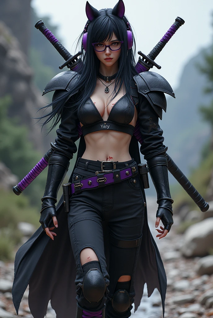 realistic image of a 17 year old girl with long black hair,has a scar on his right cheek and black bra,carry two swords on the back wear purple shoes , with purple sword, walking on a rocky road, wearing a purple headset and glasses wear trousers and heavy black armor with the words "Yary" on the left chest wearing Long black training with a black 9-tailed fox tail (appearance from head to toe) With a stab wound in the breast