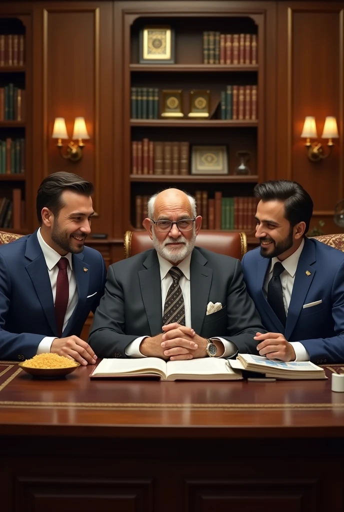 An old upper class pakistani businessman who trade in grain market with their two sons as a family business grain like wheet, rice and maize and sale to their customer. Sit on their luxury office