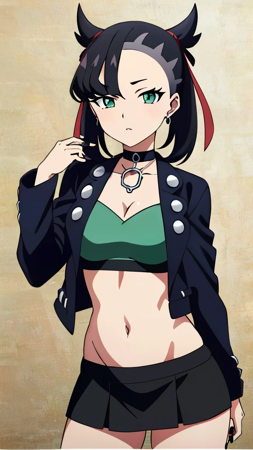 Marnie Pokemon, Marnie \(Pokemon\), blue-green eyes, green eyes, black hair, medium hair, asymmetrical bangs, black choker, red hair ribbon, earrings, black nail polish, medium breasted, (masterpiece, highest quality, highly detailed, 8k:1.2),Perfect eyes, detailed eyes, 
Ecchi anime style, anime girl, Ecchi style, digital anime art, anime style, official artwork, visual novel CG, beautiful anime girl, anime style 4K, (leather jacket, black sports bra, leather mini skirt, exposed belly, exposed navel, exposed abdomen, exposed lower abdomen),