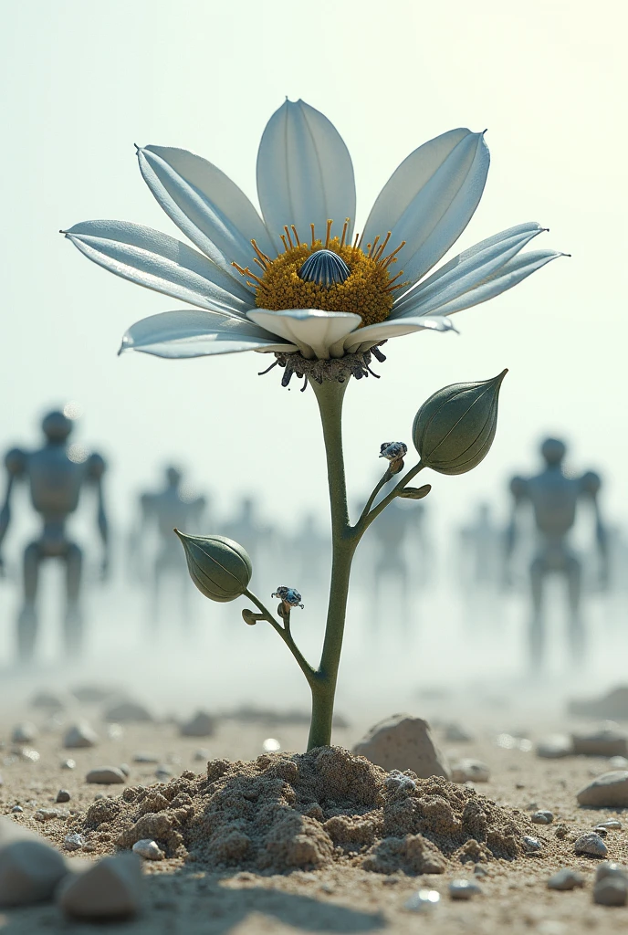 generate an image for me of a slightly robotic flower reborn from the dirt floor and in the background it looks like a type of robot army and the ground looks white like a type of futuristic color