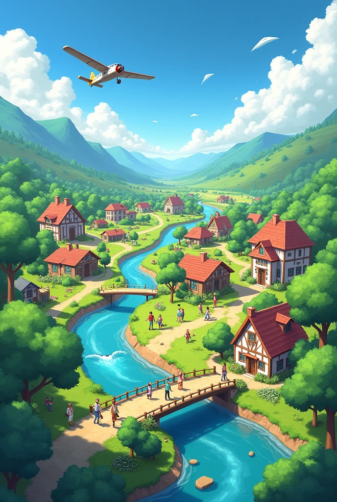 Healthy community, top view, a park, a inclined river,a bridge, and houses, plane place, 3 point perspective, a farm, and horizontal