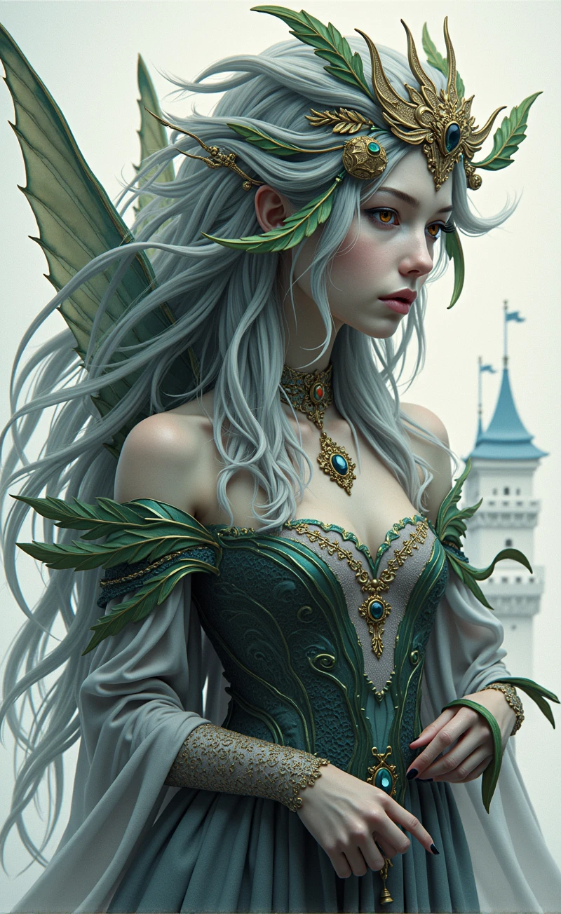 Her lingerie set is made of leaves and flowers in iridescent tones that seem to move with every step.. The flowers seem to grow and bloom on your skin, transforming her into an ethereal figure straight out of a botanical dream.