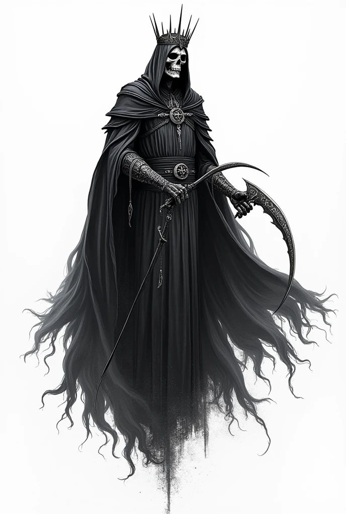 Drawing line art design for sticker of: The king of angmar from lord of the rings, floating Reaper, scyscraper, wear templar cros crown, dark Taoist robes, white background, the corpse faces